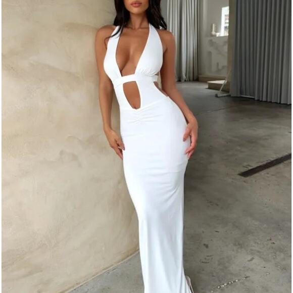 Outcast Clothing - Halter Tie Cut Out Open Back Maxi Dress in White - Picture 6 of 6